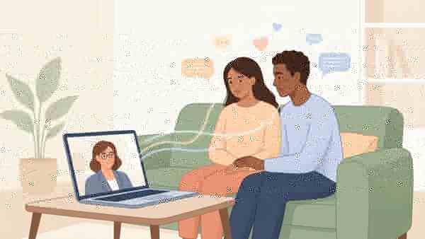 Ilustrasi pasangan mengikuti konseling online dengan psikolog melalui laptop
