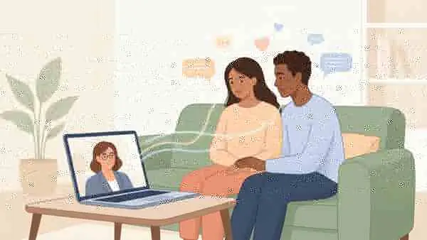 Ilustrasi pasangan mengikuti konseling online dengan psikolog melalui laptop